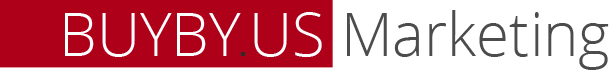 BUYBY.US Marketing Logo. BUYBYUS ist auf rotem Hintergrund mit weisser Schrift geschrieben.
